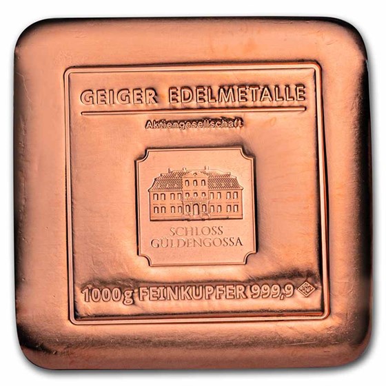 1000 gram Copper Bar - Geiger (Poured, .9999 Fine) 1000 gram Copper Bar - Geiger (Poured, .9999 Fine)